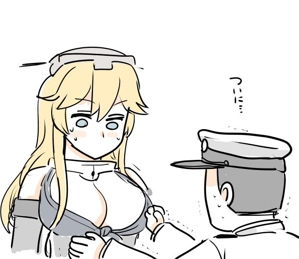 admiral_(kantai_collection) bangs blonde_hair blue_eyes breasts cleavage commentary_request elbow_gloves epaulettes gloves hat iowa_(kantai_collection) kantai_collection large_breasts looking_at_breasts military military_hat military_uniform mo_(kireinamo) outstretched_arms peaked_cap shirt sweatdrop tied_shirt translation_request trembling uniform