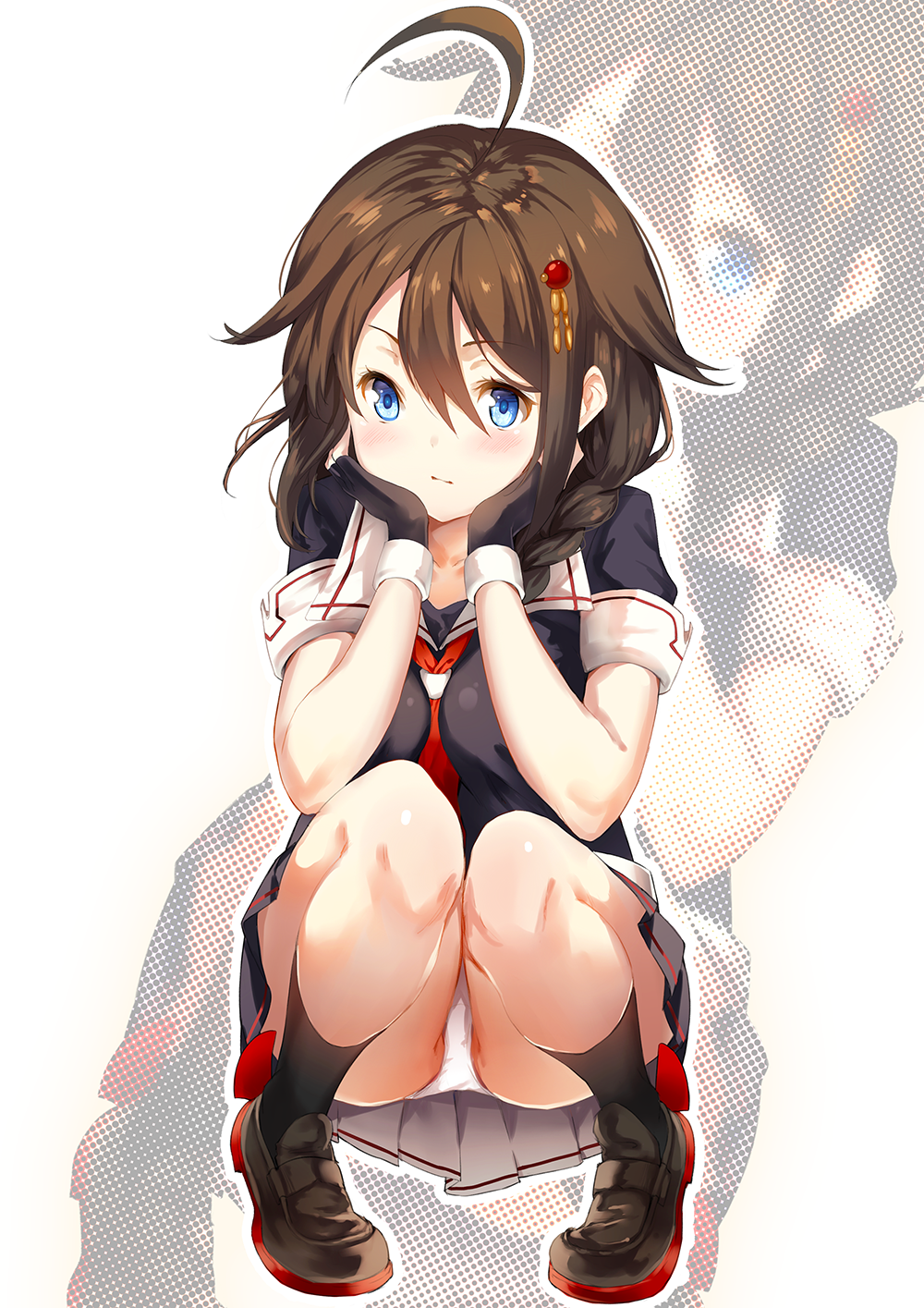 1girl arm_support black_serafuku blue_eyes braid brown_hair hair_flaps hair_ornament hair_over_shoulder highres kantai_collection long_hair panties pantyshot pantyshot_(squatting) remodel_(kantai_collection) school_uniform serafuku shigure_(kantai_collection) single_braid sola_(solo0730) solo squatting underwear zoom_layer