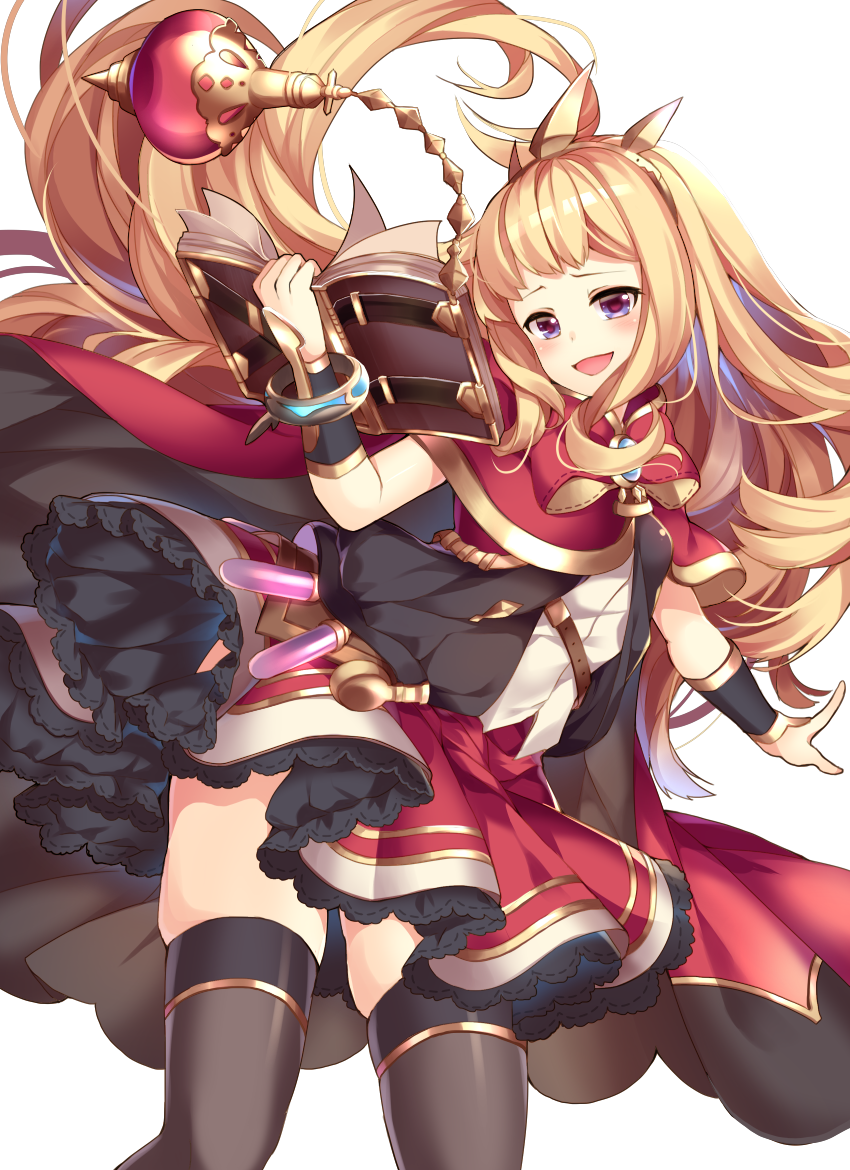 1girl :d arm_warmers belt black_legwear blonde_hair blush book cagliostro_(granblue_fantasy) cape cowboy_shot gem granblue_fantasy hairband head_tilt holding holding_book homarerererere leaning_to_the_side liquid looking_at_viewer open_book open_mouth outstretched_arm red_cape red_skirt ruby_(stone) shirt skindentation skirt smile solo sphere spiked_hairband spikes standing test_tube thigh-highs violet_eyes white_shirt zettai_ryouiki