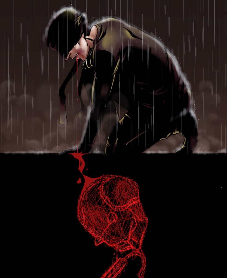1boy aona_(kuuga19yuu) blindfold blood blood_in_mouth daredevil kneeling marvel mask rain solo superhero