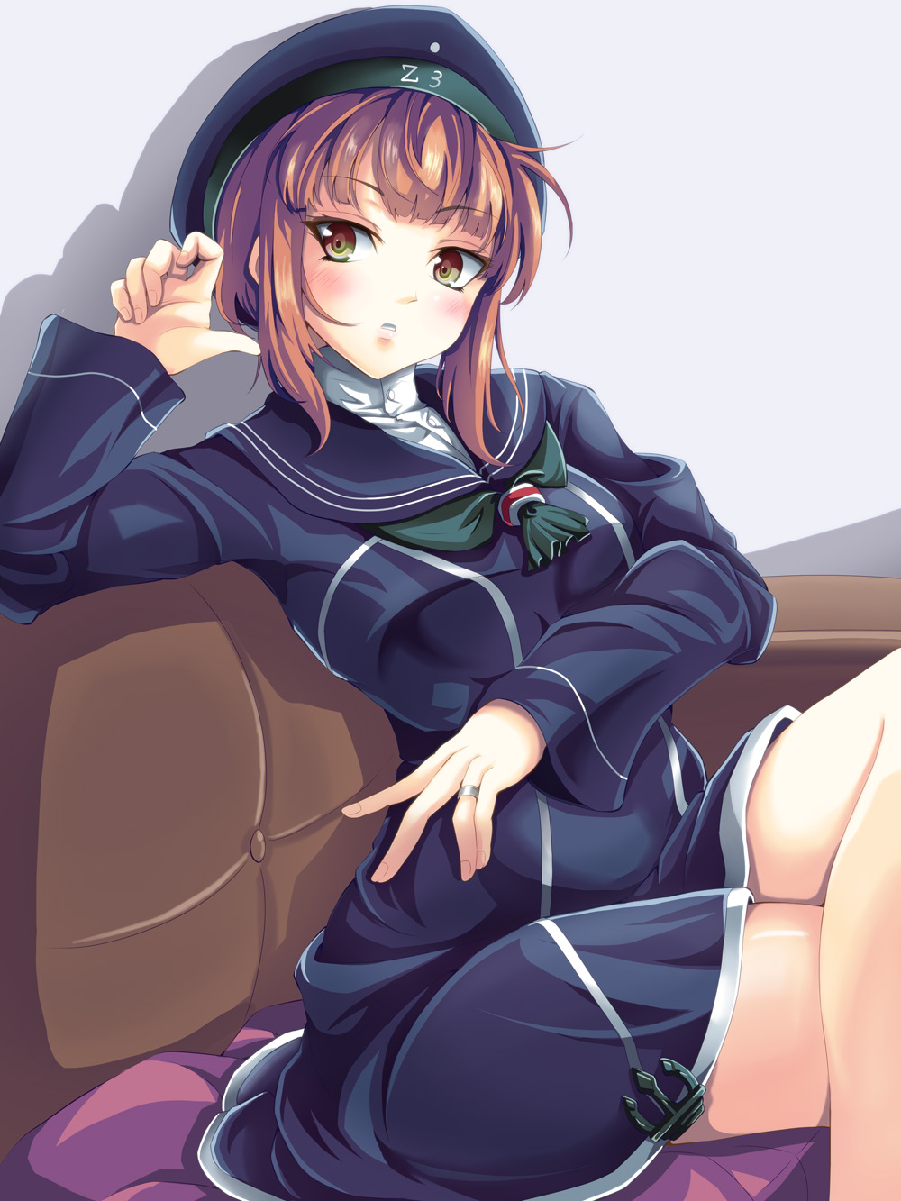 1girl arm_up auburn_hair bangs blue_dress blunt_bangs brown_eyes brown_hair character_name clothes_writing crossed_legs cushion dress from_side hat highres kantai_collection kriegsmarine looking_at_viewer military military_uniform neckerchief parted_lips sailor_dress sailor_hat short_dress short_hair sitting turtleneck uniform yumibakama_meme z3_max_schultz_(kantai_collection)