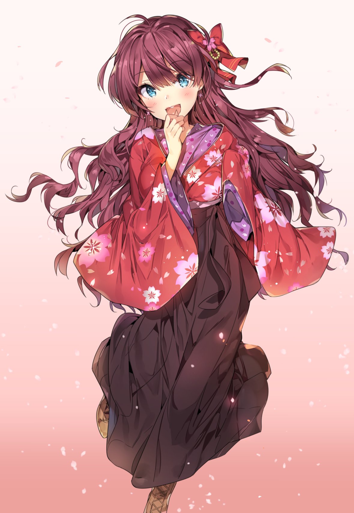 1girl :d blue_eyes blush boots brown_hair cozyquilt cross-laced_footwear earrings floral_print gradient gradient_background head_tilt highres ichinose_shiki idolmaster idolmaster_cinderella_girls jewelry long_hair long_skirt open_mouth petals skirt smile solo very_long_hair wide_sleeves