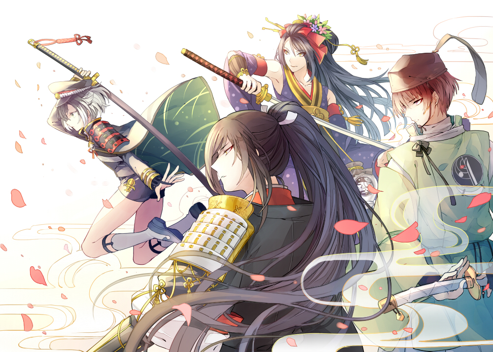 4boys armor black_hair bow brown_hair cape detached_sleeves flower garters gourd green_eyes grey_eyes grey_legwear hair_bow hair_flower hair_ornament hair_stick hat hotarumaru ishikirimaru japanese_armor japanese_clothes jirou_tachi kneehighs male_focus multiple_boys ootachi petals ponytail rio_(keii16) silver_hair sock_garters sode sword tarou_tachi touken_ranbu weapon yellow_eyes