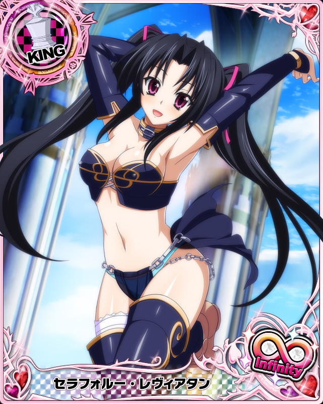 1girl arm_behind_head armor armored_boots armpits black_hair blush boots breasts card_(medium) character_name chess_piece cleavage covered_nipples elbow_gloves gloves hair_ribbon high_school_dxd high_school_dxd_infinity king_(chess) long_hair midriff navel official_art open_mouth pink_eyes ribbon serafall_leviathan smile solo stomach thigh-highs trading_card twintails