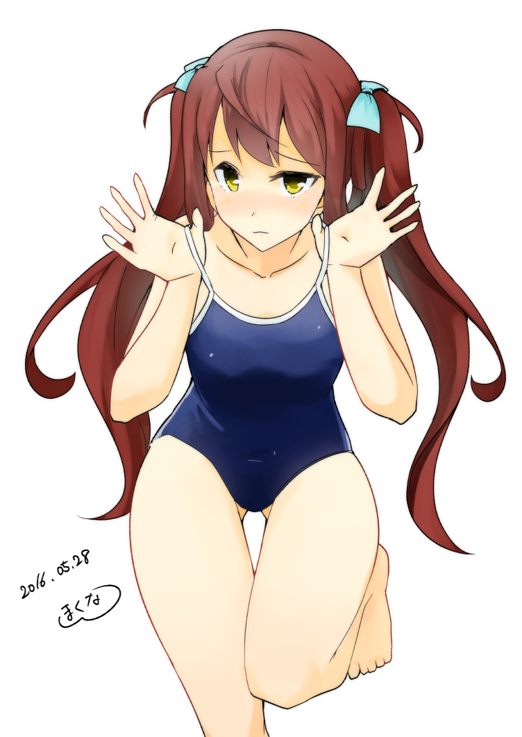 1girl asagumo_(kantai_collection) brown_hair competition_swimsuit dated hair_ribbon hand_on_hip kantai_collection kitaminami long_hair one-piece_swimsuit ribbon smile solo swimsuit twintails yellow_eyes