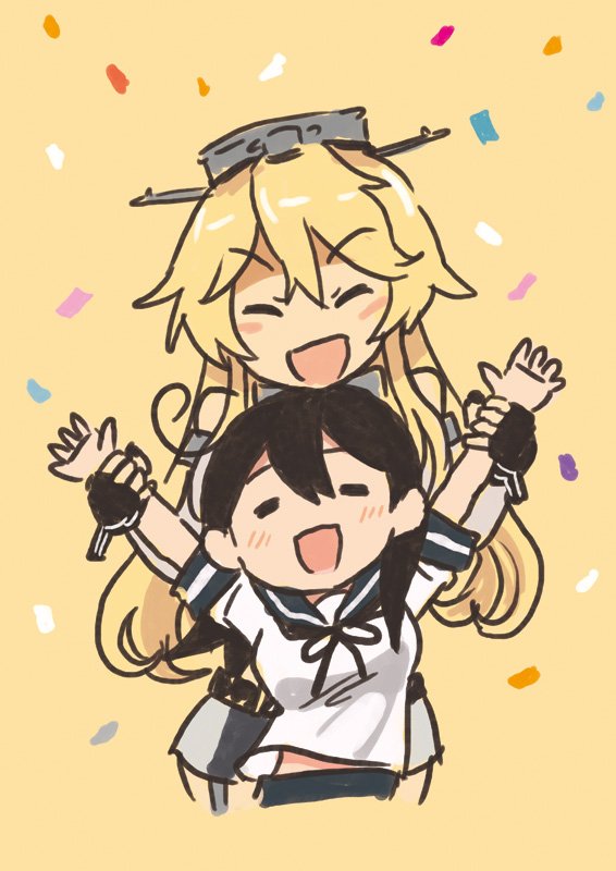 2girls ahoge armband arms_up bangs closed_eyes collar commentary_request confetti fingerless_gloves garter_straps gloves hands_on_another's_wrists hat iowa_(kantai_collection) kantai_collection long_hair miniskirt multiple_girls open_mouth otoufu school_uniform serafuku sketch skirt smile translation_request ushio_(kantai_collection) wrist_grab