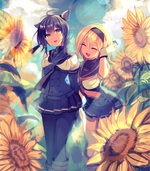2girls :d ^_^ ^o^ antenna_hair arm_up arms_behind_back black_boots black_hair black_legwear blonde_hair boots breasts cis_(carcharias) closed_eyes collar corset covered_navel crop_top day elbow_gloves field flower flower_field gloves hair_between_eyes hairband hand_in_hair hatsuzuki_(kantai_collection) head_tilt kantai_collection knee_boots lens_flare light_rays looking_at_viewer multiple_girls neckerchief open_mouth pleated_skirt pointy_hair puffy_short_sleeves puffy_sleeves school_uniform serafuku shirt short_sleeves skirt smile sunflower sunlight teruzuki_(kantai_collection) thigh-highs under_boob white_gloves white_legwear white_shirt yellow_eyes zettai_ryouiki