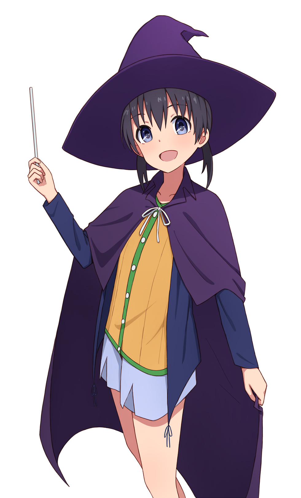 1girl black_hair blue_eyes flying_witch highres kuramoto_chinatsu long_hair looking_at_viewer open_mouth simple_background smile solo twintails wand yahiro_(epicopeiidae)