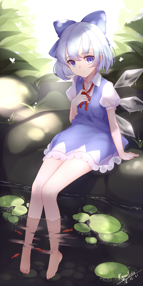 1girl animal arm_at_side artist_name bare_legs barefoot blue_bow blue_dress blue_eyes blue_hair bow butterfly closed_mouth collared_shirt crystal dappled_sunlight dated detached_wings dress eyebrows eyebrows_visible_through_hair hand_on_own_chest ice ice_wings insect kyuri_(405966795) lily_pad looking_at_viewer melting outdoors puffy_short_sleeves puffy_sleeves red_ribbon ribbon shirt short_hair short_sleeves signature soaking_feet solo sunlight touhou white_shirt wing_collar wings