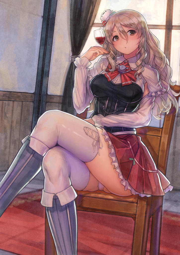 1girl blush boots brown_eyes chair commentary_request crossed_legs cup curtains drinking_glass frilled_skirt frills grey_hair hat kantai_collection long_hair looking_at_viewer mini_hat panties panty_peek pantyshot pantyshot_(sitting) pleated_skirt pola_(kantai_collection) sitting skirt solo thigh-highs underwear urokoda wavy_hair white_legwear window wine_glass