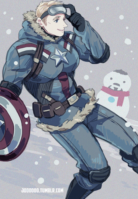 1boy 2boys captain_america fur_trim goggles goggles_on_head jo_(artist) marvel multiple_boys shield snowing snowman steve_rogers tony_stark winter_clothes