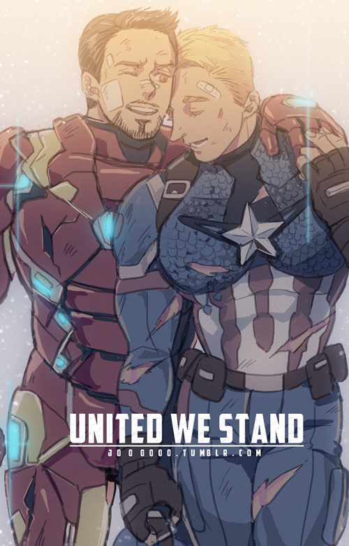 2boys armor bandages bandaid bandaid_on_face beard black_hair blonde_hair captain_america captain_america_civil_war facial_hair iron_man jo_(artist) marvel multiple_boys power_armor scale_armor steve_rogers tony_stark torn_clothes