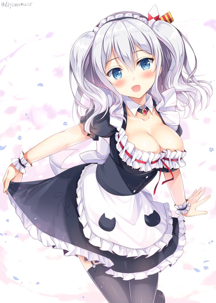 1girl apron black_legwear blue_eyes blush breasts cleavage detached_collar dress frills garter_straps hair_ribbon kantai_collection kashima_(kantai_collection) large_breasts looking_at_viewer maid maid_apron open_mouth puffy_short_sleeves puffy_sleeves ribbon short_sleeves sidelocks silver_hair skirt_hold smile solo sousouman thigh-highs twintails wavy_hair wrist_cuffs