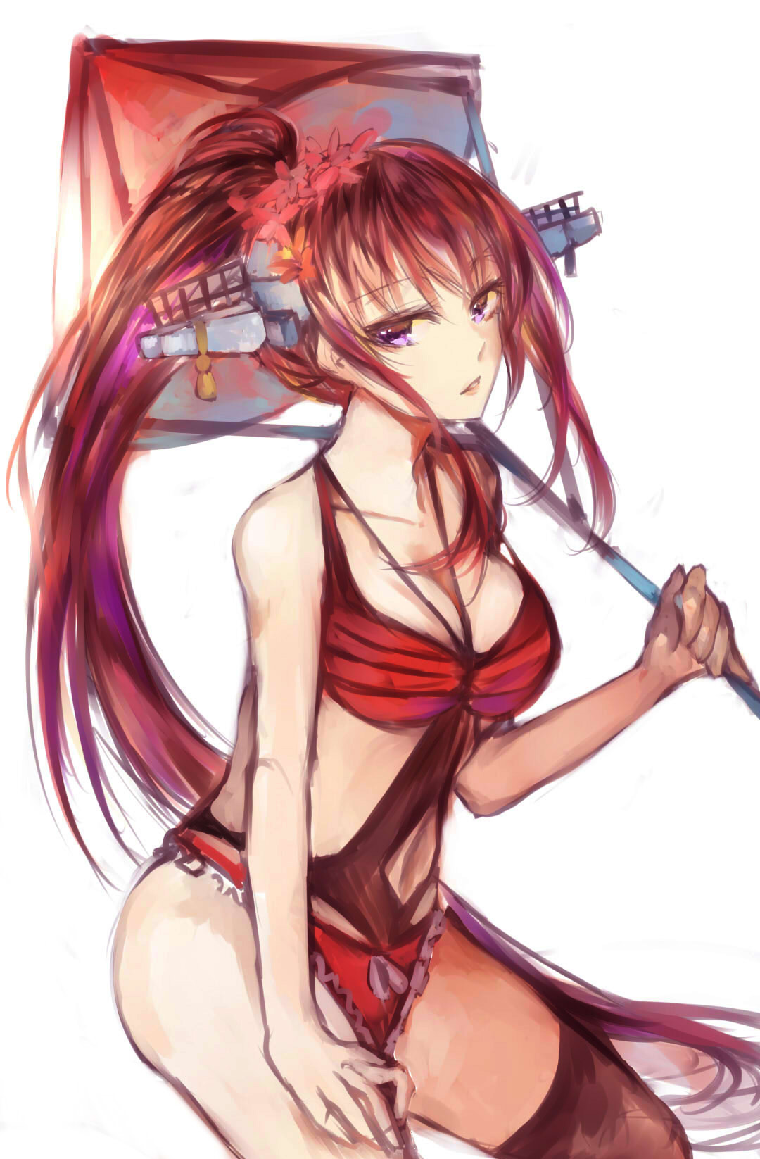 1girl bikini black_legwear breasts brown_hair cleavage flower hair_flower hair_ornament highres holding holding_umbrella kantai_collection long_hair looking_at_viewer mi_bait ponytail red_bikini simple_background solo swimsuit thigh-highs umbrella violet_eyes white_background yamato_(kantai_collection)