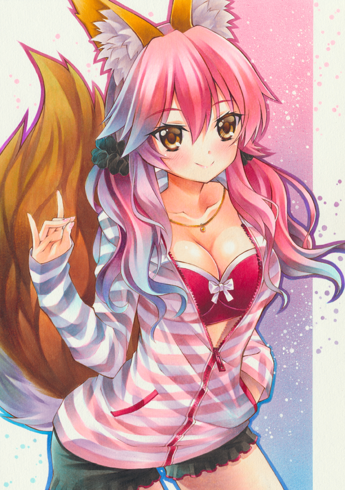 1girl animal_ears blush bra breasts caster_(fate/extra) cleavage collarbone fate/extra fate/grand_order fate_(series) fox_ears fox_tail jewelry large_breasts light_smile looking_at_viewer marker_(medium) necklace open_clothes open_shirt pink_bra pink_hair shirt solo tail traditional_media type-moon underwear yellow_eyes yuto_cafe