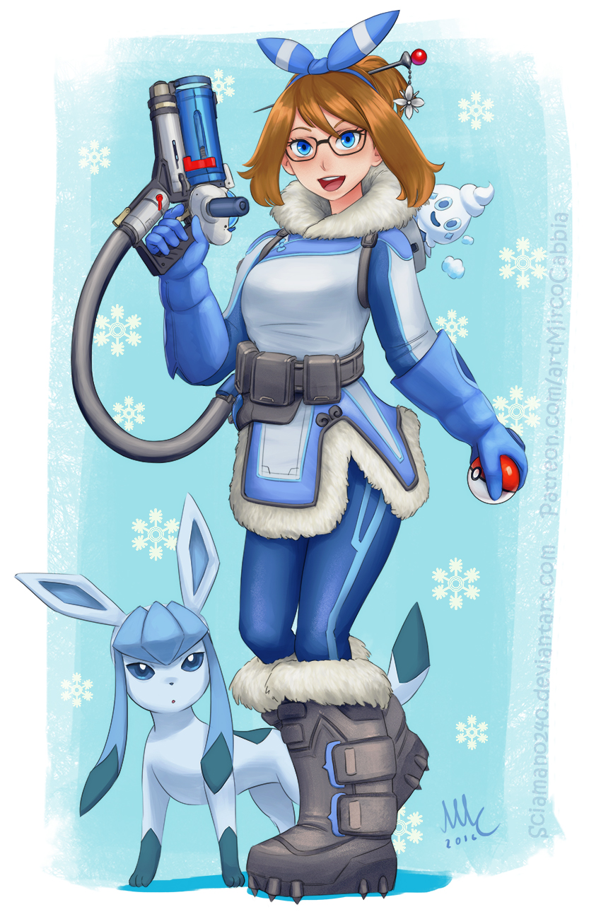1girl blue_eyes boots breasts brown_eyes brown_hair coat crossover glaceon glasses gloves gun hair_ribbon haruka_(pokemon) haruka_(pokemon)_(remake) highres mei_(overwatch) mei_(overwatch)_(cosplay) mirco_cabbia namesake open_mouth overwatch poke_ball pokemon pokemon_(creature) pokemon_(game) pokemon_oras pun ribbon smile snowflakes solo vanillite weapon winter_clothes