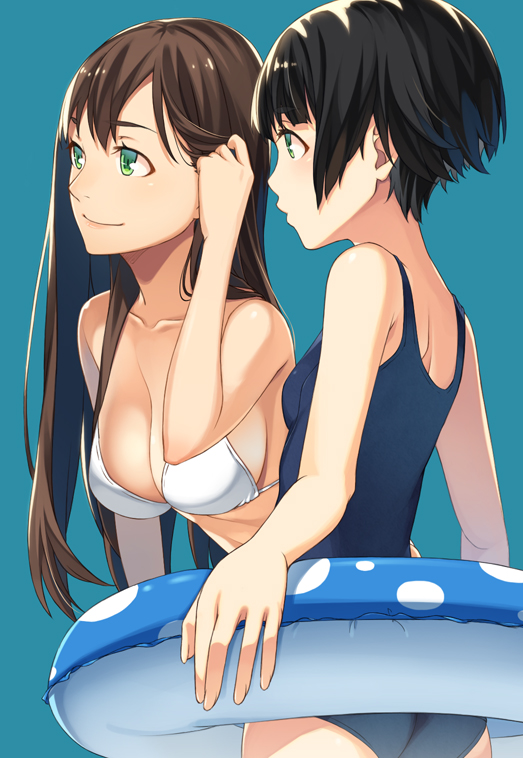 2girls arms_at_sides ass back bangs bikini black_hair blue_background blue_swimsuit blush breasts brown_hair cleavage closed_mouth collarbone green_eyes hair_tucking holding innertube kimura_(ykimu) large_breasts leaning_forward long_hair multiple_girls one-piece_swimsuit original polka_dot profile school_swimsuit short_hair sideboob simple_background small_breasts smile strap_gap swimsuit white_bikini