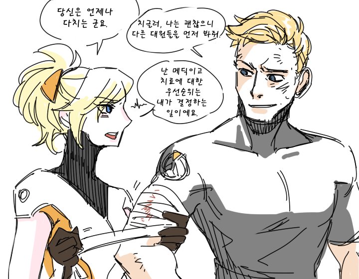 1boy 1girl angry bandaged_arm bandages blonde_hair blue_eyes glaring grin korean lillu mercy_(overwatch) overwatch ponytail short_hair sketch smile soldier:_76_(overwatch) translated younger