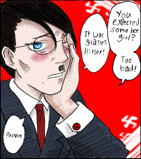 1boy adolf_hitler black_suit bow bowtie commentary english formal glasses imageboard krautchan meme necktie practical-hetalia red_bow red_bowtie solo speech_bubble suit swastika text too_bad!_it_was_just_me! trifle_nihai