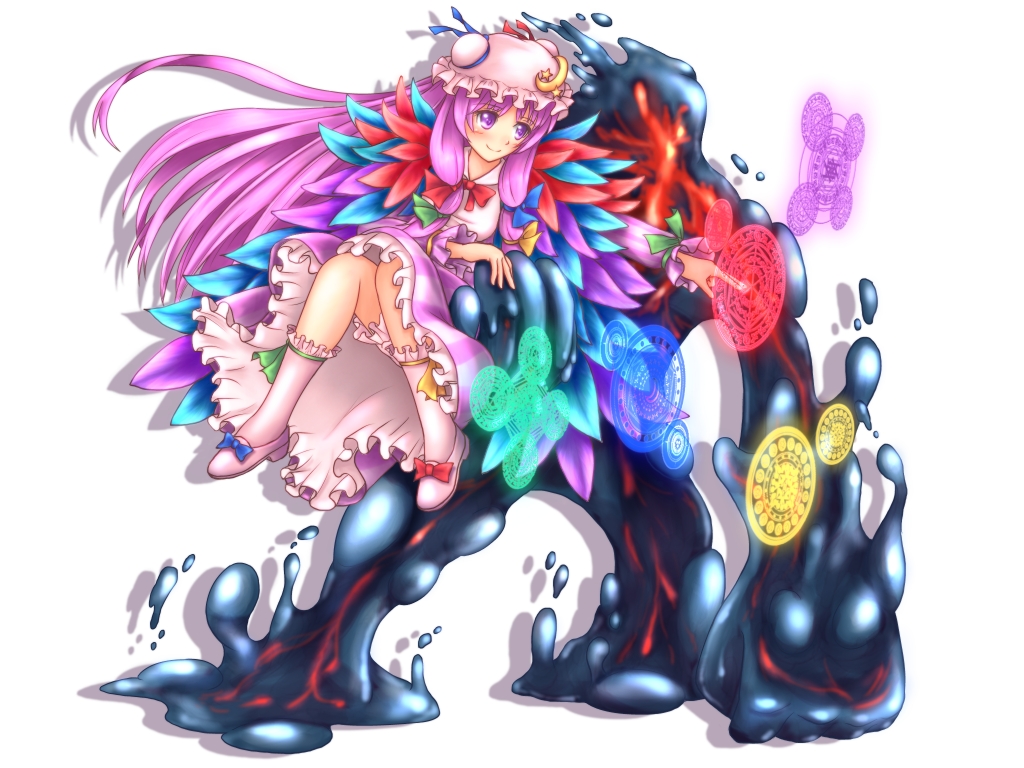 1girl blue_bow blush bow bowtie crescent dress feather_boa frilled_dress frilled_sleeves frills full_body hair_bow hair_ribbon hat hozenkakari loafers long_hair long_sleeves magic:_the_gathering magic_circle mob_cap patchouli_knowledge pink_legwear purple_hair red_bow red_bowtie ribbon shoes sidelocks slime smile socks star striped striped_dress touhou tress_ribbon very_long_hair violet_eyes
