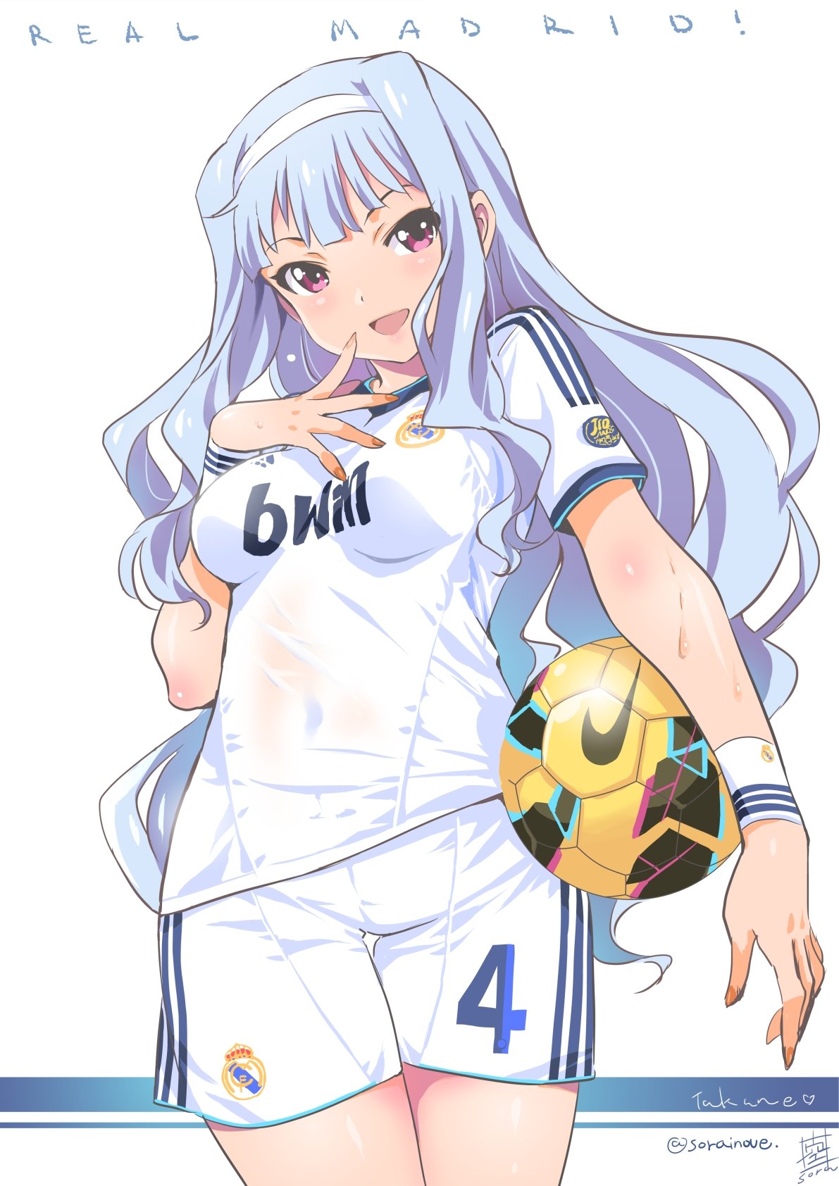 1girl adidas ball blush breasts clothes_writing covered_navel hairband highres idolmaster inoue_sora long_hair looking_at_viewer open_mouth real_madrid see-through shijou_takane shorts signature silver_hair smile soccer soccer_ball soccer_uniform solo sportswear violet_eyes wristband