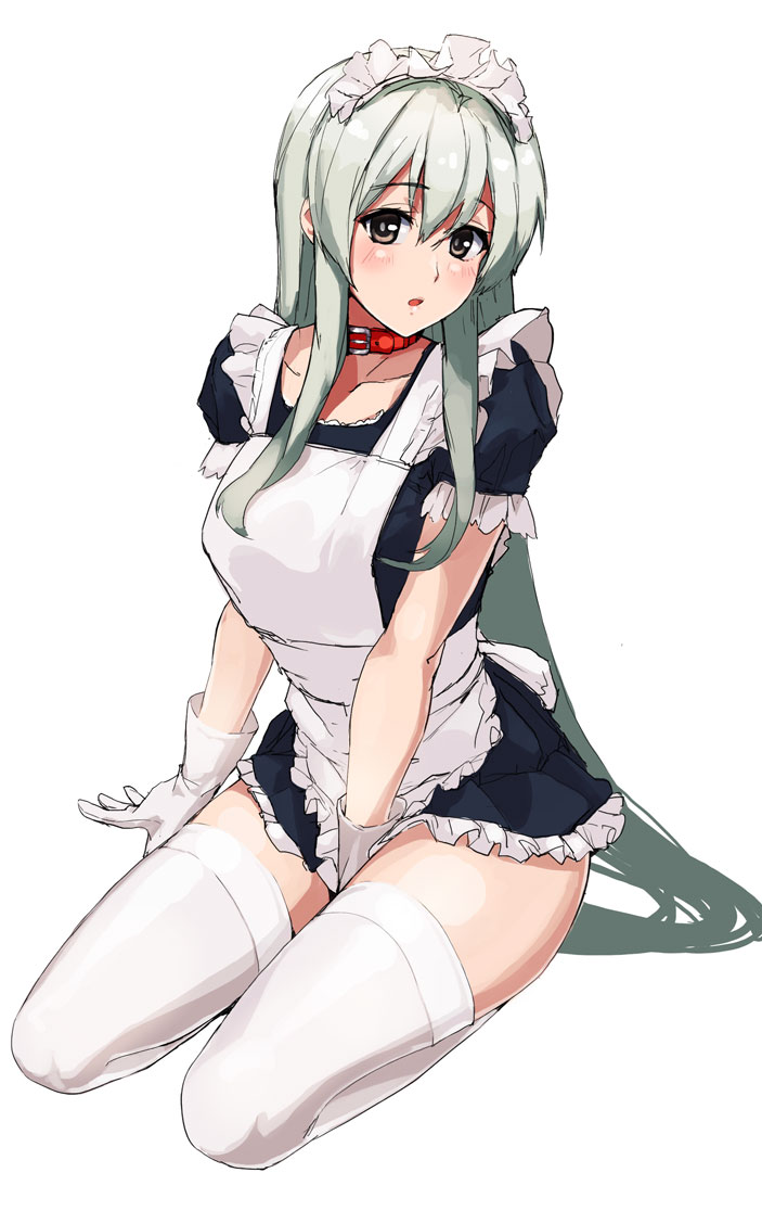 1girl alternate_costume apron between_legs blue_dress dress enmaided gloves hair_between_eyes hand_between_legs kantai_collection looking_at_viewer maid maid_apron maid_headdress open_mouth ruuto_(sorufu) short_dress shoukaku_(kantai_collection) silver_hair sitting thigh-highs white_gloves white_legwear zettai_ryouiki