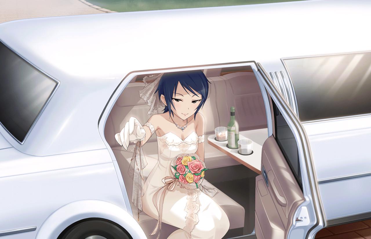 1girl artist_request bare_shoulders black_eyes blue_hair bouquet breasts cleavage collarbone dress flower gloves idolmaster idolmaster_cinderella_girls idolmaster_cinderella_girls_starlight_stage jewelry necklace official_art short_hair sitting smile solo wakui_rumi wedding_dress
