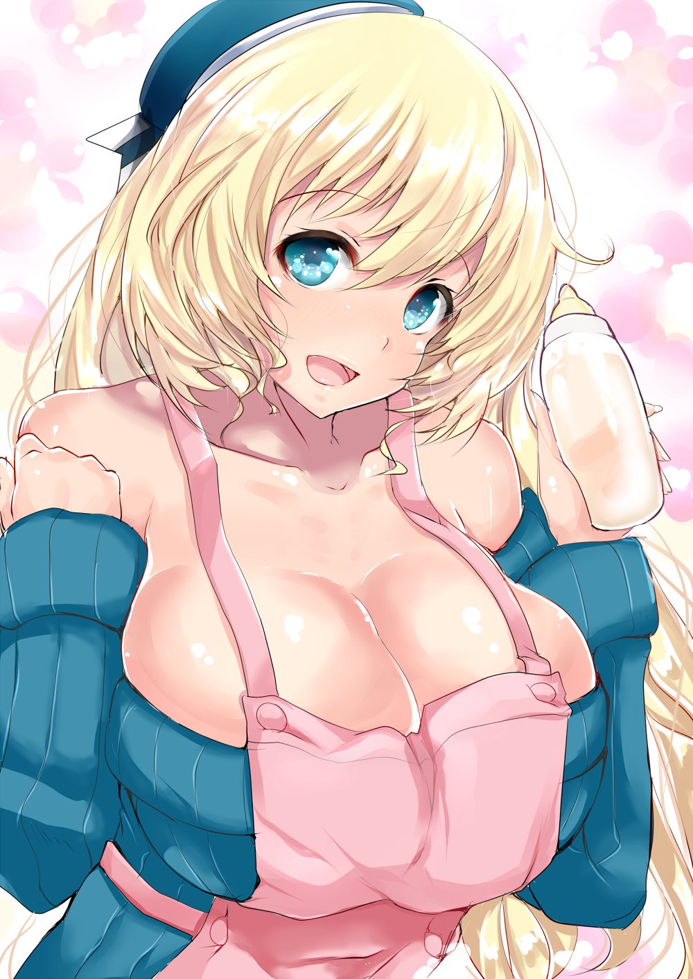 1girl apron atago_(kantai_collection) baby_bottle bare_shoulders beret blonde_hair bottle breast_squeeze breasts buttons cleavage collarbone dress green_eyes green_sweater hands_up hat highres holding_bottle huge_breasts kantai_collection long_hair long_sleeves looking_at_viewer off-shoulder_sweater open_mouth sankakusui_(deltawhite) smile solo sweater sweater_dress upper_body