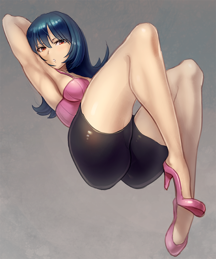 1girl arm_up armpits ass bare_arms bike_shorts blue_hair breasts chemise high_heels kazo latex long_hair looking_at_viewer natsume_(pokemon) pokemon red_eyes shiny shiny_clothes solo