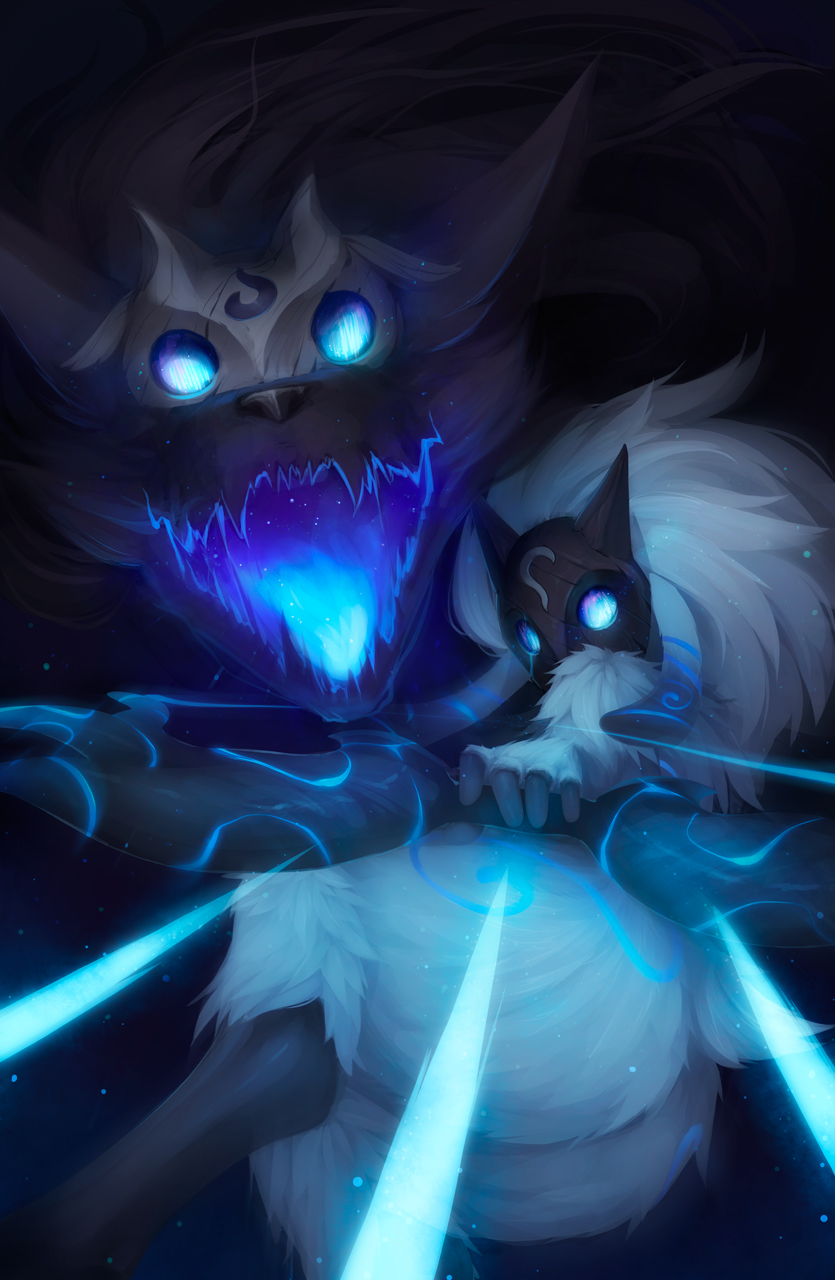 1girl animal_ears blue_eyes bow_(weapon) glowing glowing_eyes highres kindred lamb_(character) league_of_legends long_hair mask open_mouth ricegnat smile solo spirit tail weapon white_hair wolf