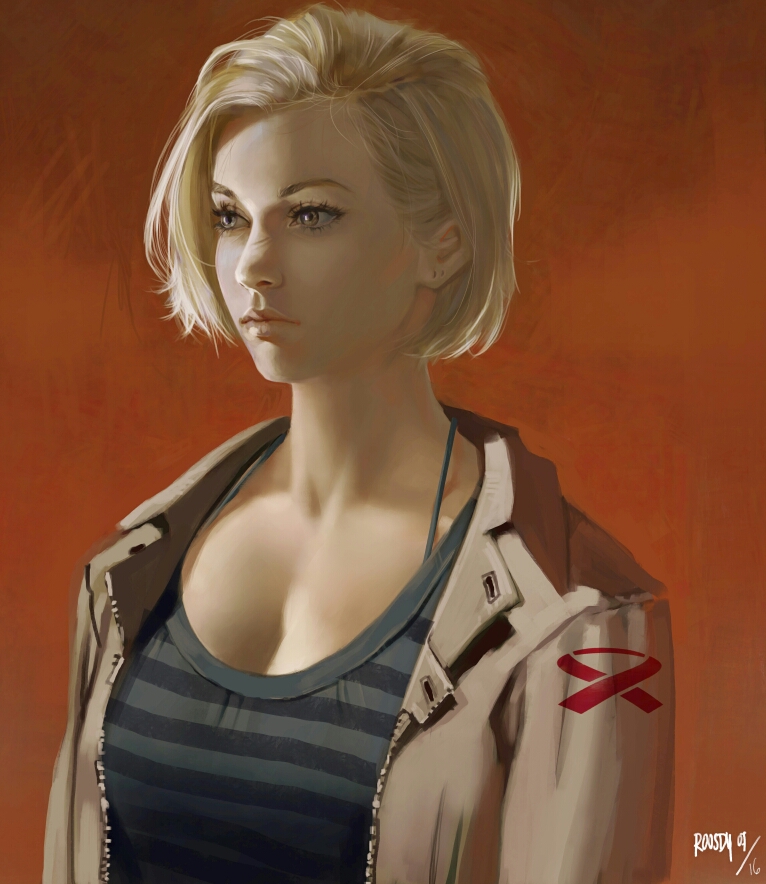 1girl android_18 blonde_hair breasts brown_eyes cleavage collarbone dated dragon_ball dragon_ball_z expressionless jacket profile real_life real_life_insert realistic roosdy_fisher shirt signature solo striped striped_shirt upper_body