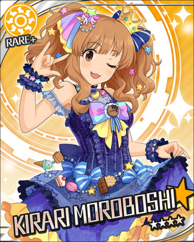 1girl \m/ artist_request brown_eyes brown_hair card_(medium) character_name crown hair_ornament idolmaster idolmaster_cinderella_girls moroboshi_kirari official_art one_eye_closed orange_background solo sparkle star_hair_ornament sun_(symbol) twintails