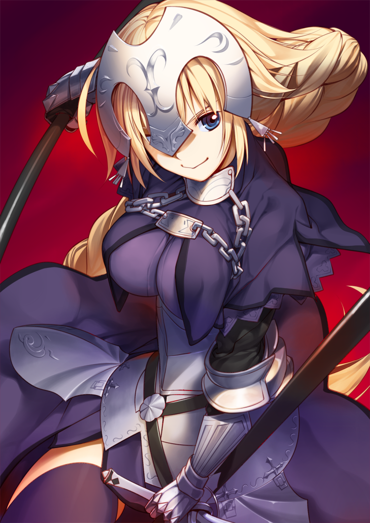 1girl akisa_(12023648) armor bangs blonde_hair blue_eyes braid breasts capelet chain closed_mouth cowboy_shot dress dual_wielding fate/apocrypha fate/grand_order fate_(series) faulds fringe gauntlets headpiece holding holding_weapon long_hair looking_at_viewer one_eye_covered purple_dress purple_legwear red_background ruler_(fate/apocrypha) single_braid smile solo thigh-highs very_long_hair weapon