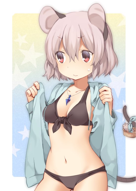 1girl akagashi_hagane animal_ears basket bikini black_bikini gradient gradient_background grey_hair jewelry long_sleeves looking_to_the_side midriff mouse mouse_ears mouse_tail multicolored_background navel nazrin necklace open_clothes red_eyes short_hair solo star starry_background sweatdrop swimsuit tail touhou