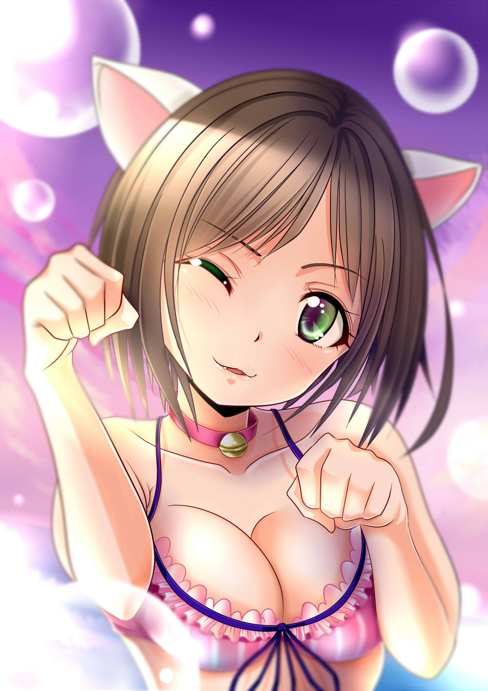 1girl ;3 animal_ears bangs bell bell_choker blurry blush bra breasts brown_hair bubble cat_ears choker cleavage clenched_hands collarbone depth_of_field eyebrows eyebrows_visible_through_hair eyelashes fang fang_out frilled_bra frills green_eyes head_tilt highres idolmaster idolmaster_cinderella_girls jingle_bell large_breasts looking_at_viewer maekawa_miku multicolored_background parted_lips paw_pose ribbon shade solo striped striped_bra underwear underwear_only upper_body zakuro0508