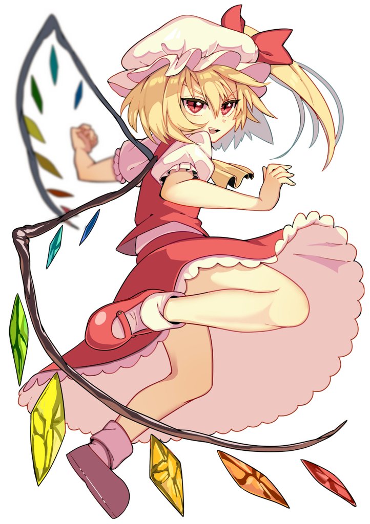 1girl blonde_hair blurry crystal flandre_scarlet from_behind full_body hat hat_ribbon looking_at_viewer looking_back mary_janes mob_cap open_mouth puffy_sleeves red_eyes ribbon shirt shoes short_hair short_sleeves side_ponytail simple_background skirt skirt_set socks solo touhou ume_ren vest white_background white_legwear wings