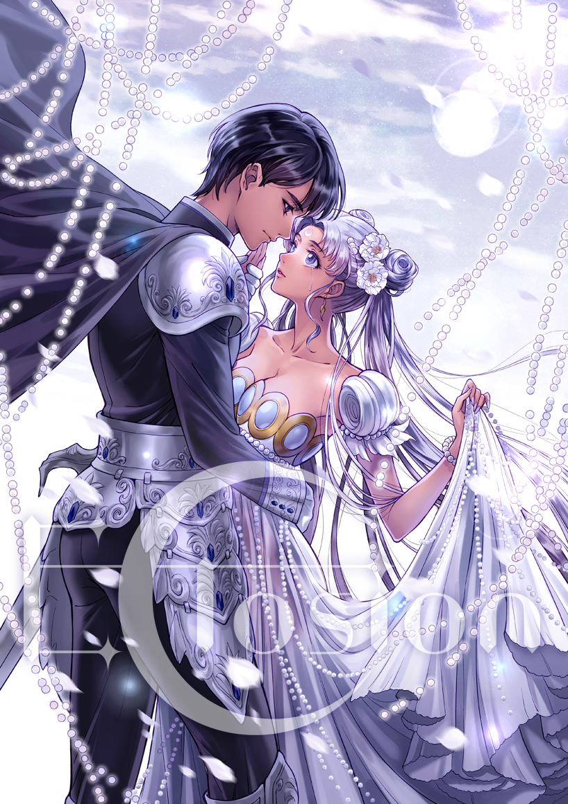 1boy 1girl bangs beads bishoujo_senshi_sailor_moon black_cape black_hair blue_eyes breasts cape chiba_mamoru cleavage closed_mouth collarbone couple crescent crying double_bun dress earrings eclosion endymion eye_contact eyebrows eyebrows_visible_through_hair eyelashes facial_mark flower forehead_mark hair_ornament hetero holding_hand jewelry long_hair long_sleeves looking_at_another parted_lips pauldrons pink_lips princess_serenity skirt_hold smile strapless strapless_dress streaming_tears tears tsukino_usagi twintails white_dress
