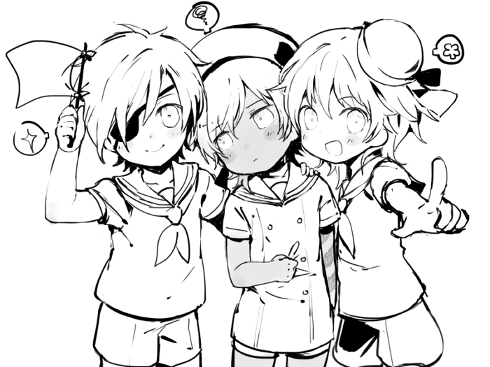 3boys child eyepatch flag hat male_focus monochrome multiple_boys ookurikara open_mouth pointing rio_(keii16) sailor sailor_hat shokudaikiri_mitsutada shorts smile spoken_flower spoken_squiggle squiggle tattoo touken_ranbu tsurumaru_kuninaga younger