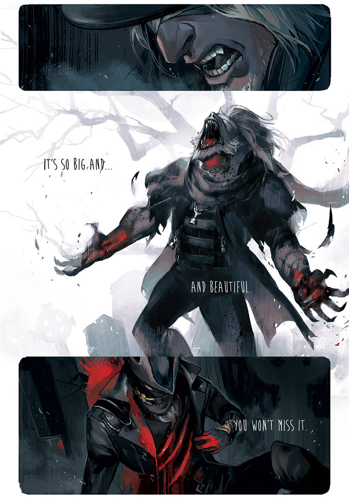 2boys bandaged_head blood bloodborne claws comic english father_gascoigne fayren hat hidden_eyes hunter_(bloodborne) injury multiple_boys old_man open_mouth teeth transformation werewolf