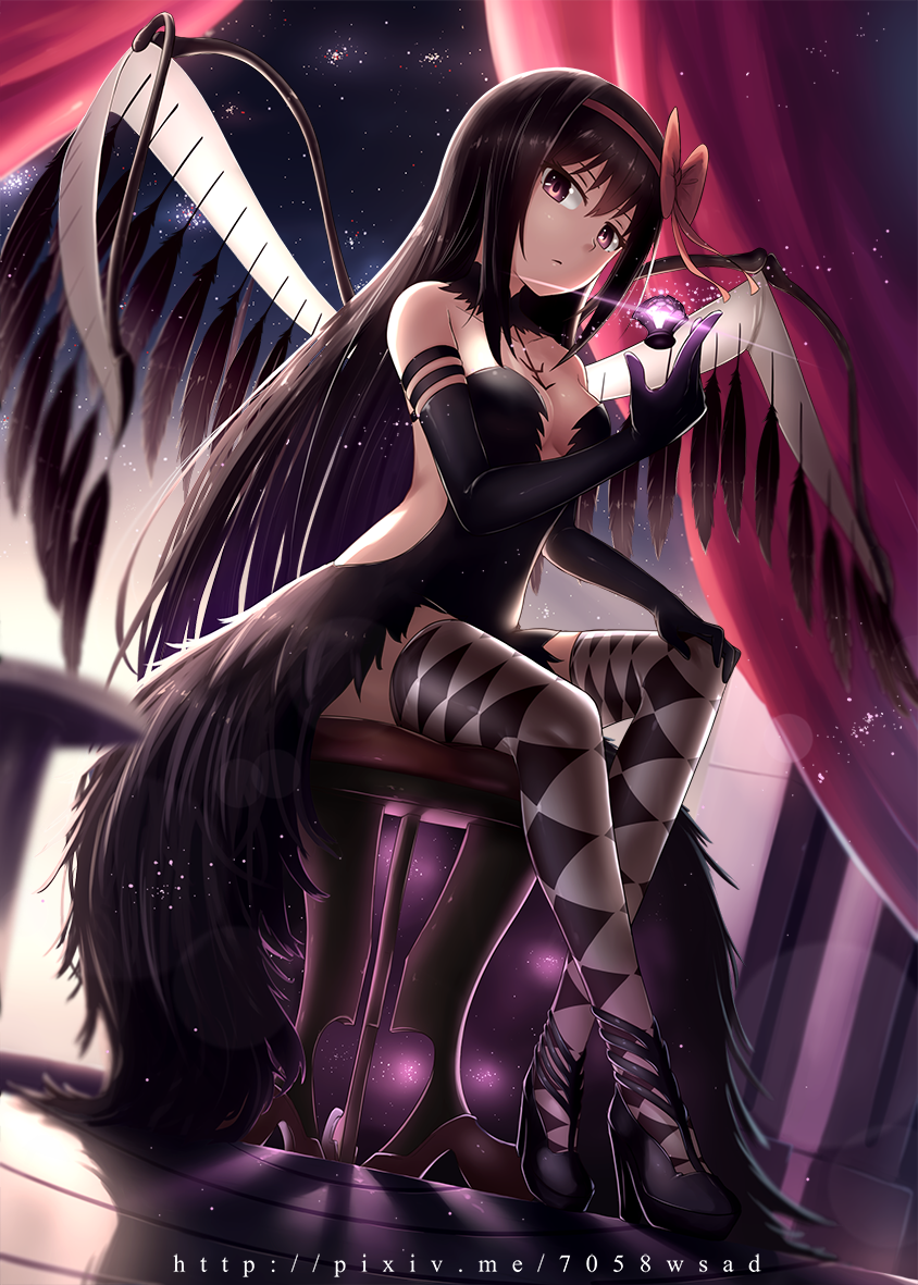 1girl akuma_homura argyle argyle_legwear bare_shoulders black_dress black_gloves black_hair black_wings bow bu_li choker dark_orb_(madoka_magica) dress elbow_gloves feathered_wings gloves hair_bow high_heels long_hair looking_at_viewer mahou_shoujo_madoka_magica mahou_shoujo_madoka_magica_movie red_bow sitting solo soul_gem thigh-highs violet_eyes wings