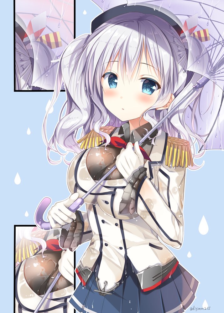 beret blue_eyes blush bra breasts buttons epaulettes frilled_sleeves frills gloves hat jacket kantai_collection kashima_(kantai_collection) kerchief large_breasts looking_at_viewer military military_uniform pleated_skirt see-through sidelocks silver_hair skirt sousouman tsurime twintails umbrella underwear uniform wavy_hair wet wet_clothes white_bra white_gloves
