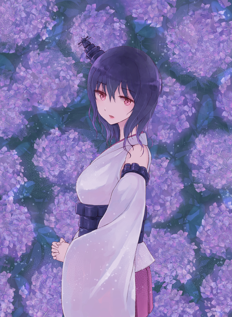 1girl bangs black_hair corset cowboy_shot detached_sleeves eyebrows eyebrows_visible_through_hair flower from_side hair_between_eyes hakama_skirt headgear hydrangea interlocked_fingers japanese_clothes kantai_collection looking_at_viewer nagidango own_hands_together parted_lips purple purple_flower purple_hair rain red_eyes short_hair solo wavy_hair wide_sleeves yamashiro_(kantai_collection)