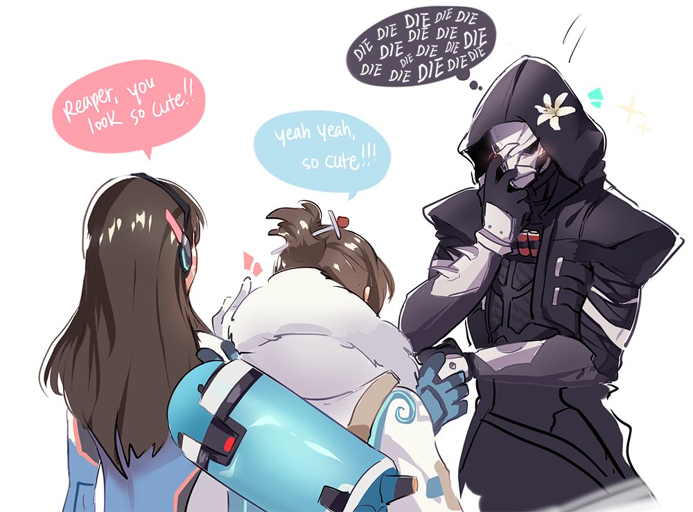 1boy 1girl 2girls black_jacket blue_gloves blush bodysuit brown_hair canister coat covering_face d.va_(overwatch) embarrassed facepalm flower from_behind fur fur_collar fur_trim gloves hair_bun hair_flower hair_ornament hairpin hand_on_own_face hand_to_head hand_up headphones hood hooded_jacket jacket long_hair long_sleeves looking_at_another mask mei_(overwatch) multiple_girls overwatch pilot_suit reaper_(overwatch) short_hair simple_background sparkle trench_coat upper_body white_background