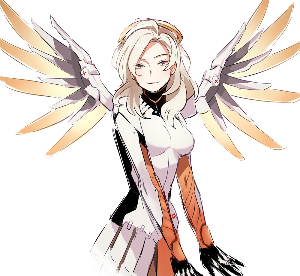 1girl alternate_hairstyle artist_request blonde_hair blue_eyes long_hair mechanical_halo mechanical_wings mercy_(overwatch) overwatch solo wings