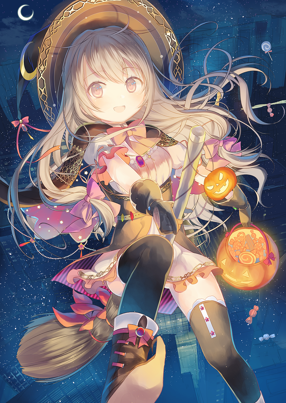 1girl :d black_gloves black_legwear blush boots bow broom broom_riding brown_eyes brown_hair candy cape copyright_request crescent crescent_moon dress gloves hair_bow halloween hat highres holding io_enishi jack-o'-lantern lollipop long_hair looking_at_viewer moon open_mouth outdoors outstretched_arms pentagram pink_bow pointing puffy_short_sleeves puffy_sleeves short_sleeves smile solo swirl_lollipop thigh-highs very_long_hair white_dress witch_hat wrapped_candy