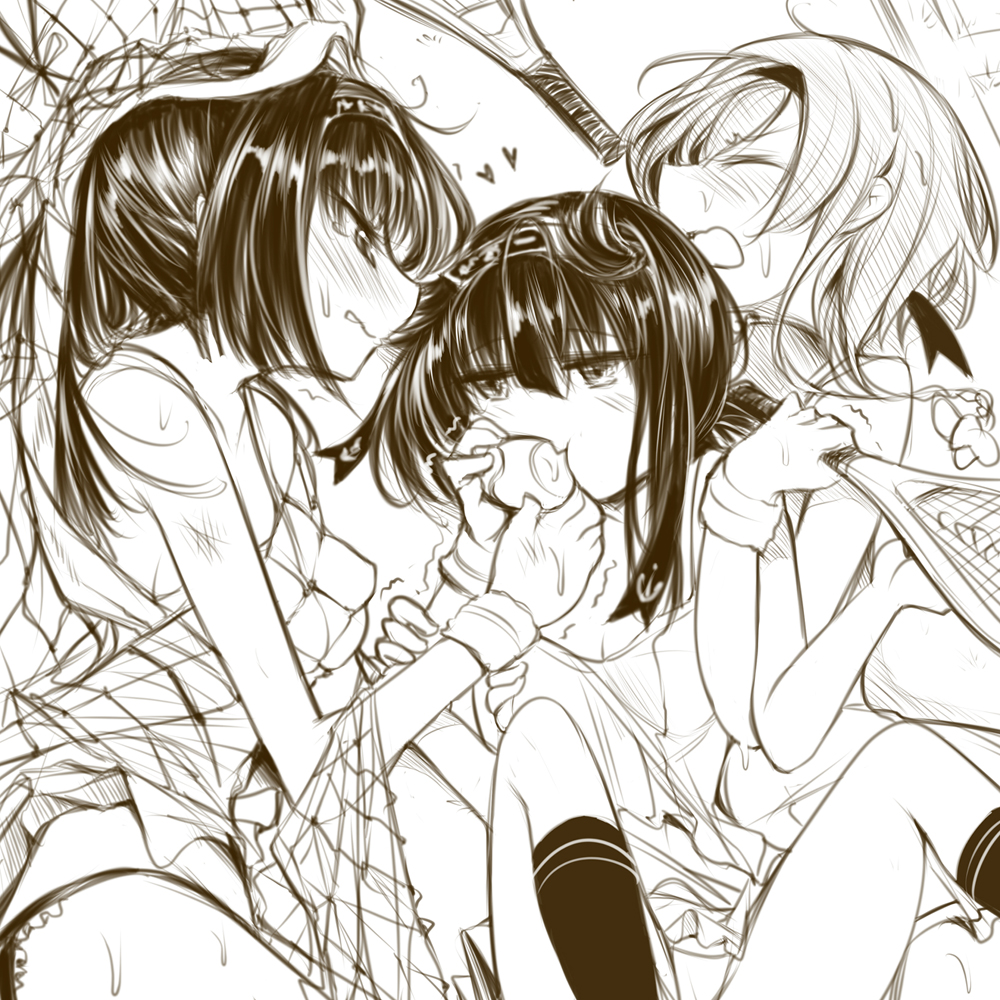 3girls ahoge akizuki_(kantai_collection) alternate_costume anchor_symbol arm_grab ball bare_shoulders black_hair blush braid breasts closed_eyes hachimaki hair_flaps hair_ornament hairband hatsuzuki_(kantai_collection) headband heart kantai_collection long_hair lying mouth_hold multiple_girls open_mouth panties ponytail racket short_hair skirt sportswear tennis_ball tennis_net tennis_racket teruzuki_(kantai_collection) trembling twin_braids underwear wrist_cuffs yuriwhale