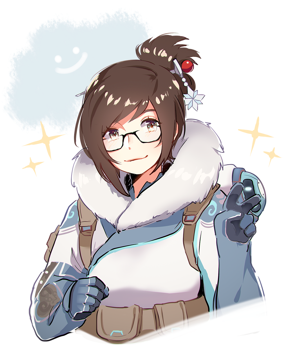 1girl black-framed_glasses blue_gloves brown_eyes brown_hair canister coat fur fur_collar fur_trim glasses gloves hair_bun hair_ornament hairpin hands_up highres long_sleeves looking_at_viewer mei_(overwatch) overwatch short_hair sidelocks simple_background smile solo sparkle upper_body v white_background