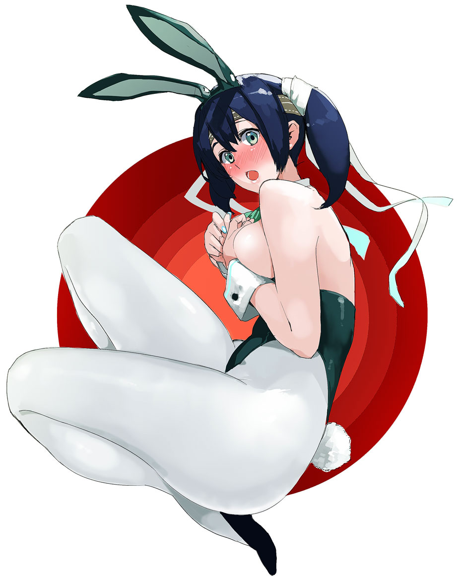 1girl alternate_costume animal_ears aqua_eyes blue_hair breasts bunny_tail bunnysuit covering covering_breasts embarrassed hachimaki hair_between_eyes headband high_heels kantai_collection large_breasts long_hair looking_at_viewer off_shoulder open_mouth pantyhose rabbit_ears ruuto_(sorufu) short_twintails skindentation souryuu_(kantai_collection) tail twintails