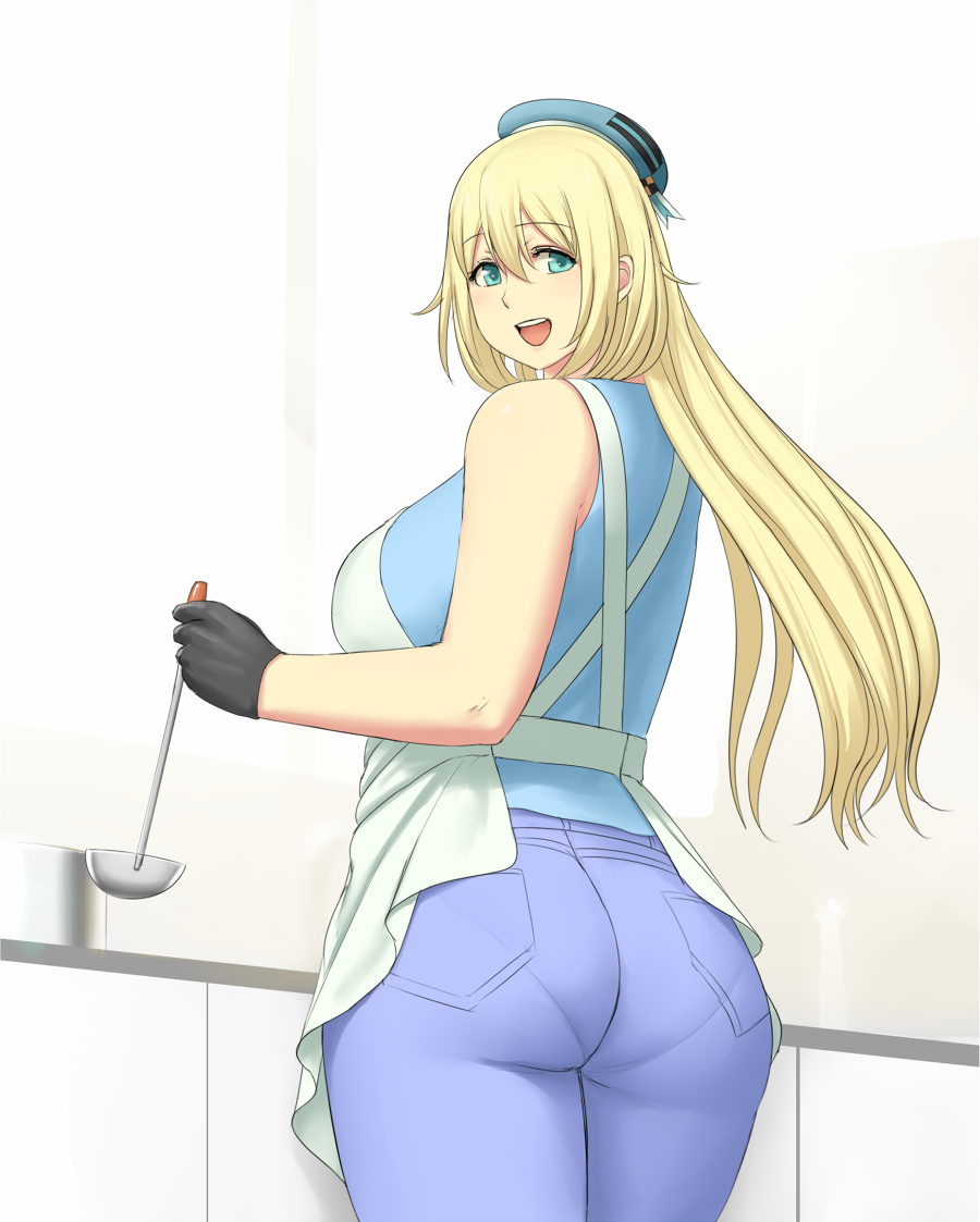 1girl apron aqua_eyes ass atago_(kantai_collection) blonde_hair breasts denim eyebrows_visible_through_hair female gloves hat jeans kantai_collection ladle long_hair looking_at_viewer looking_back lvl_(sentrythe2310) pants pantylines smile solo upper_teeth