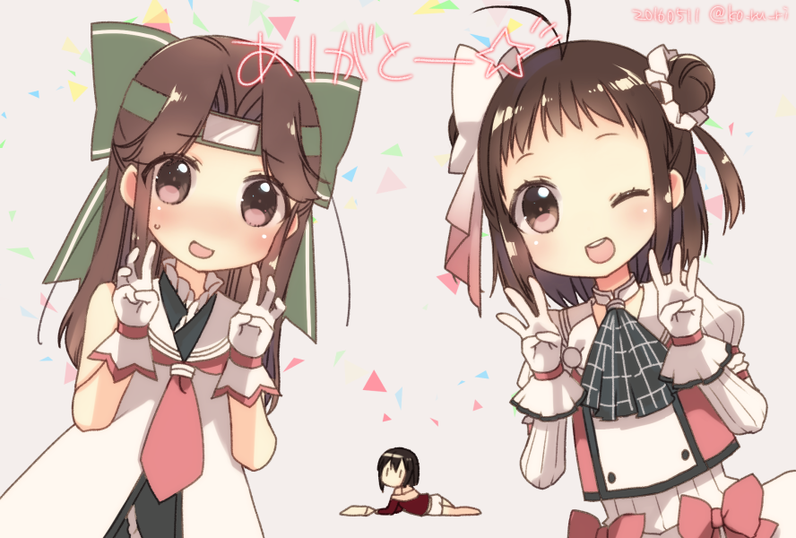 3girls ahoge alternate_costume ascot bare_shoulders bow brown_eyes brown_hair double_bun double_v embarrassed eyebrows eyebrows_visible_through_hair forehead_protector from_behind gloves hachimaki hair_between_eyes hair_bow hair_intakes hair_ribbon half_updo headband idol jintsuu_(kantai_collection) kantai_collection ko_ru_ri long_hair looking_at_viewer lying multiple_girls naka_(kantai_collection) on_side one_eye_closed open_mouth red_shirt ribbon school_uniform scrunchie sendai_(kantai_collection) serafuku shirt short_hair smile translation_request two_side_up upper_body v white_gloves |_|